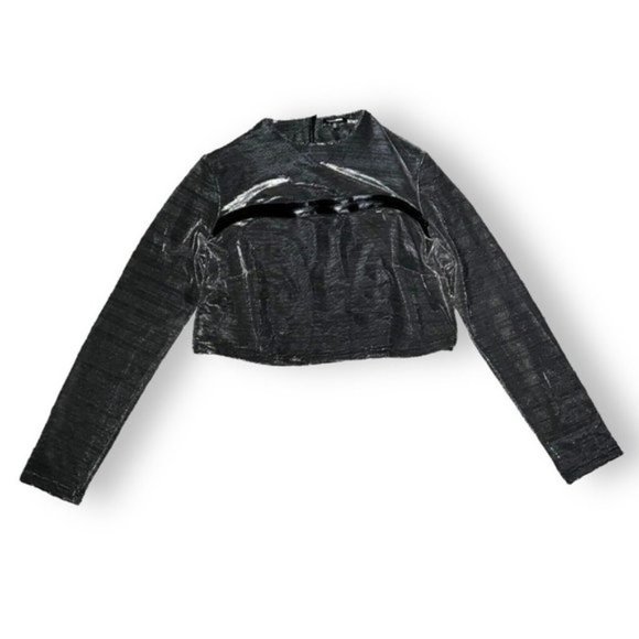1X Ladies Crop Top Blouse Metallic Textured Zip Detail Long Sleeves Silver Black - Picture 1 of 10
